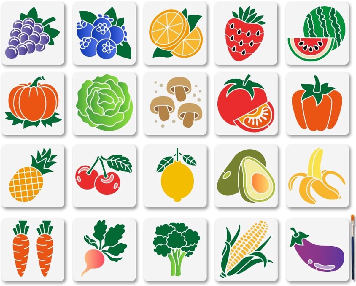 Dailygoods- Stencils 20 Stuks - Herbruikbare Stencils - Groenten/Fruit Sjablonen - Schilderen - Kunststof - Inclusief Verf Borstel