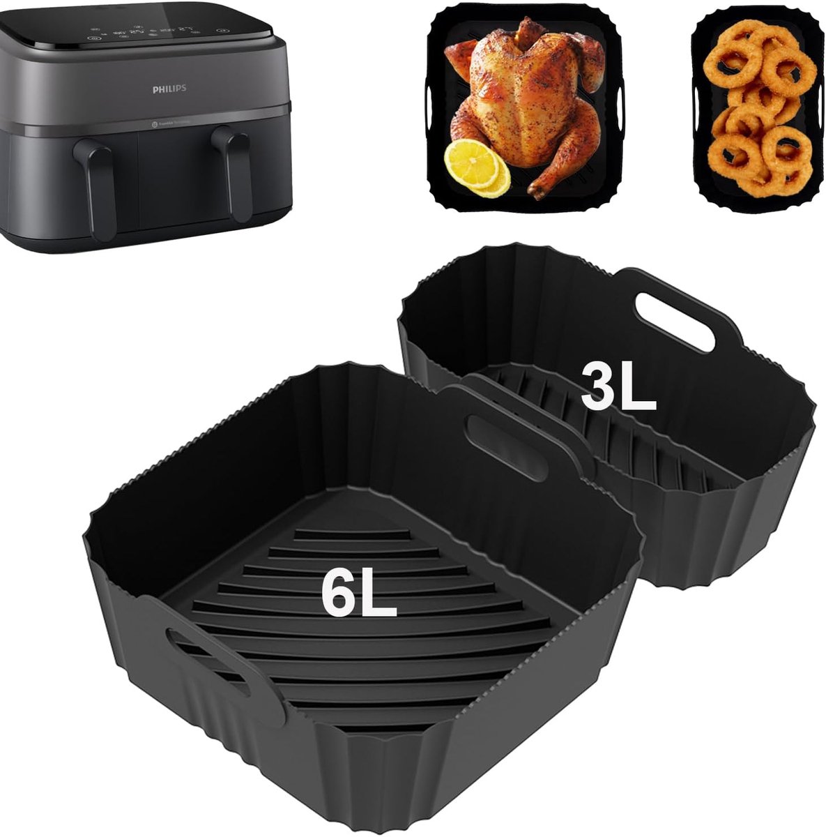 Luchtfrituurpan Siliconenvorm - Airfryer Accessoires - Voorkom Aankoeken - Voedselveilig Siliconen - Set van Twee - Zwart
