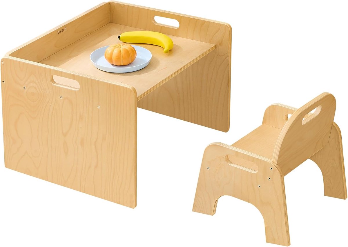 Kinder Tafel Stoel - Houten Meubelset - Eten Spelen Leren - Montessori Design - 57.5 x 44.5 cm - Natuurlijk Hout