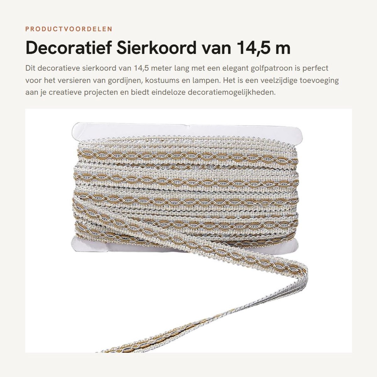 Dailygoods - Decoratief Sierkoord van 14,5 m met Golfpatroon in Zilver