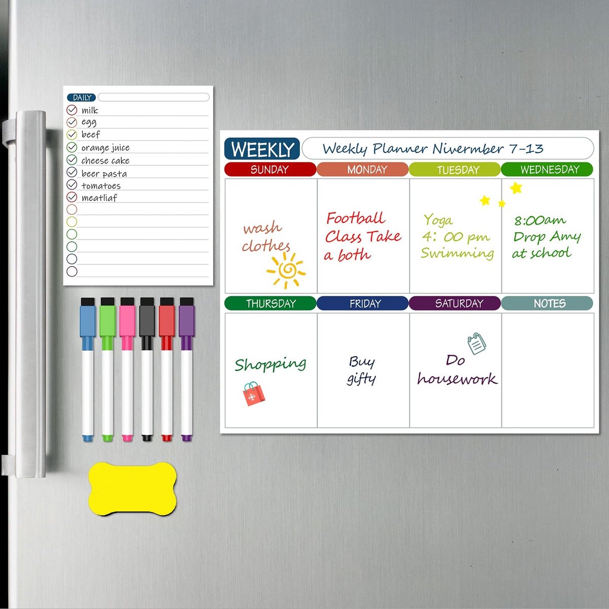 Dailygoods- Magneetbord 28 x 35,5 cm - Magnetische Weekplanner - Koelkast Dagplanner - Inclusief 6 Markers - Vlekkebestendig - Glade Nano-coating - Whiteboard