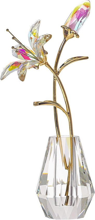 Kristallen bloemen - Kunst lelies - Huis decoreren - Met glazen vaas - 15 cm hoog - Regenboog