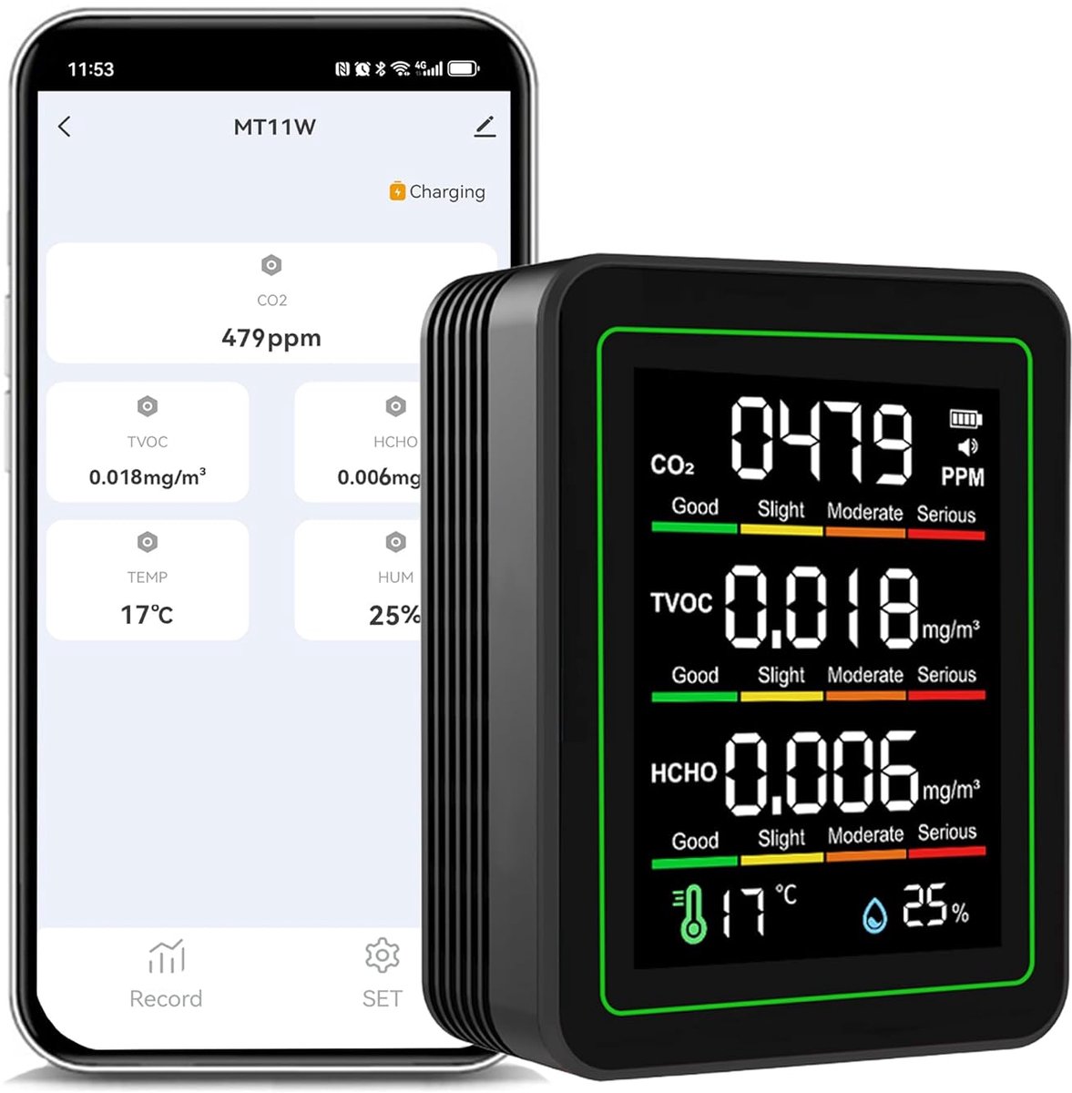 Luchtkwaliteit Monitor - CO2 Meter - Binnen Milieu - App Bediening - 90 x 70 x 35 mm - Zwart