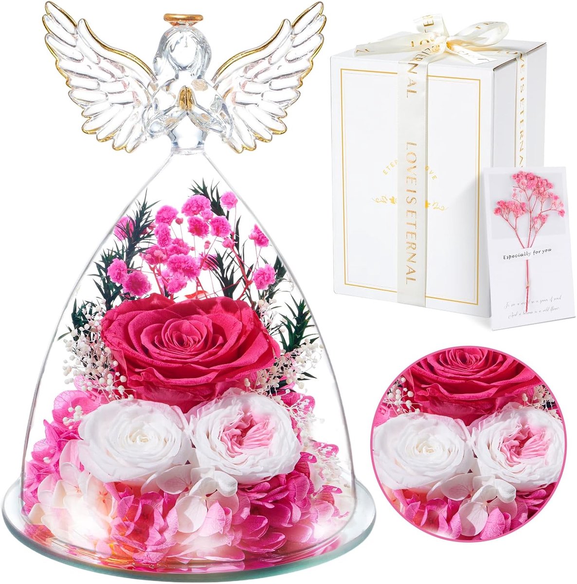 Eeuwige Rozen - Bewaarde Bloemen - Cadeau Geven - Handgemaakte Engel - 14 x 14 x 22.5 cm - Roze