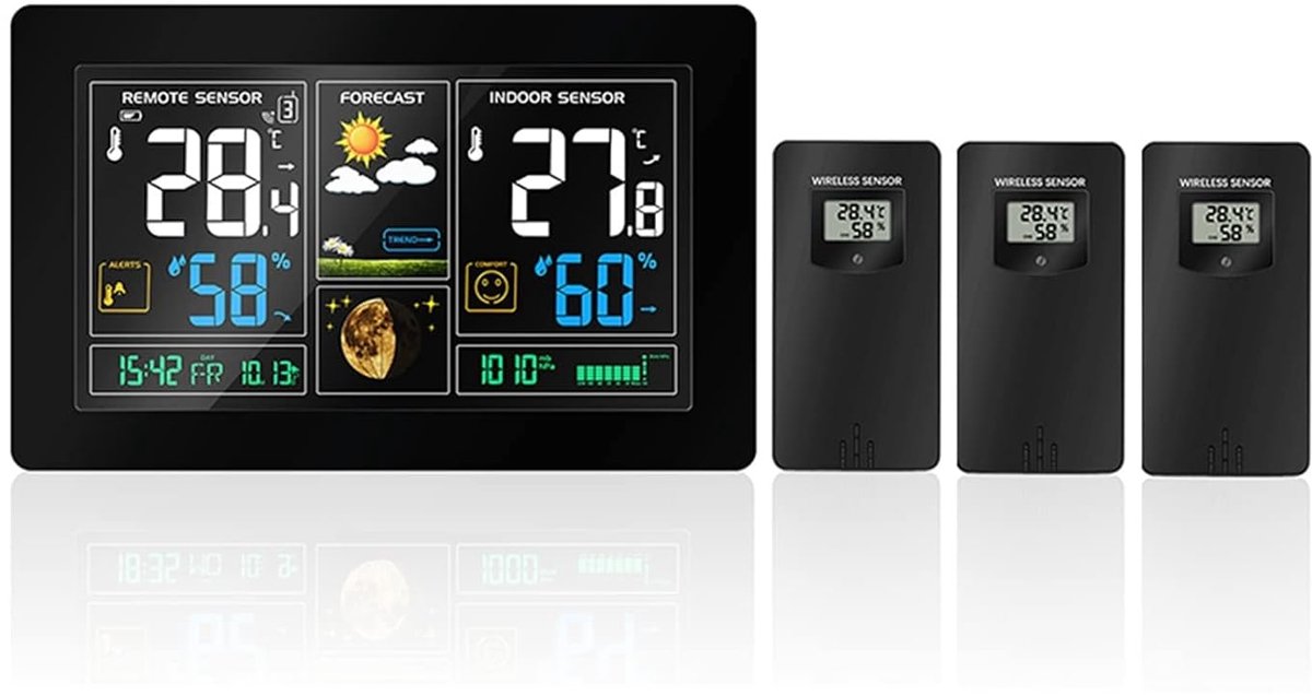 Weerstation - Weersvoorspeller Klok - Thuis Weer Monitoren - Draadloze Sensoren - 3 Sensoren - Kleurrijk