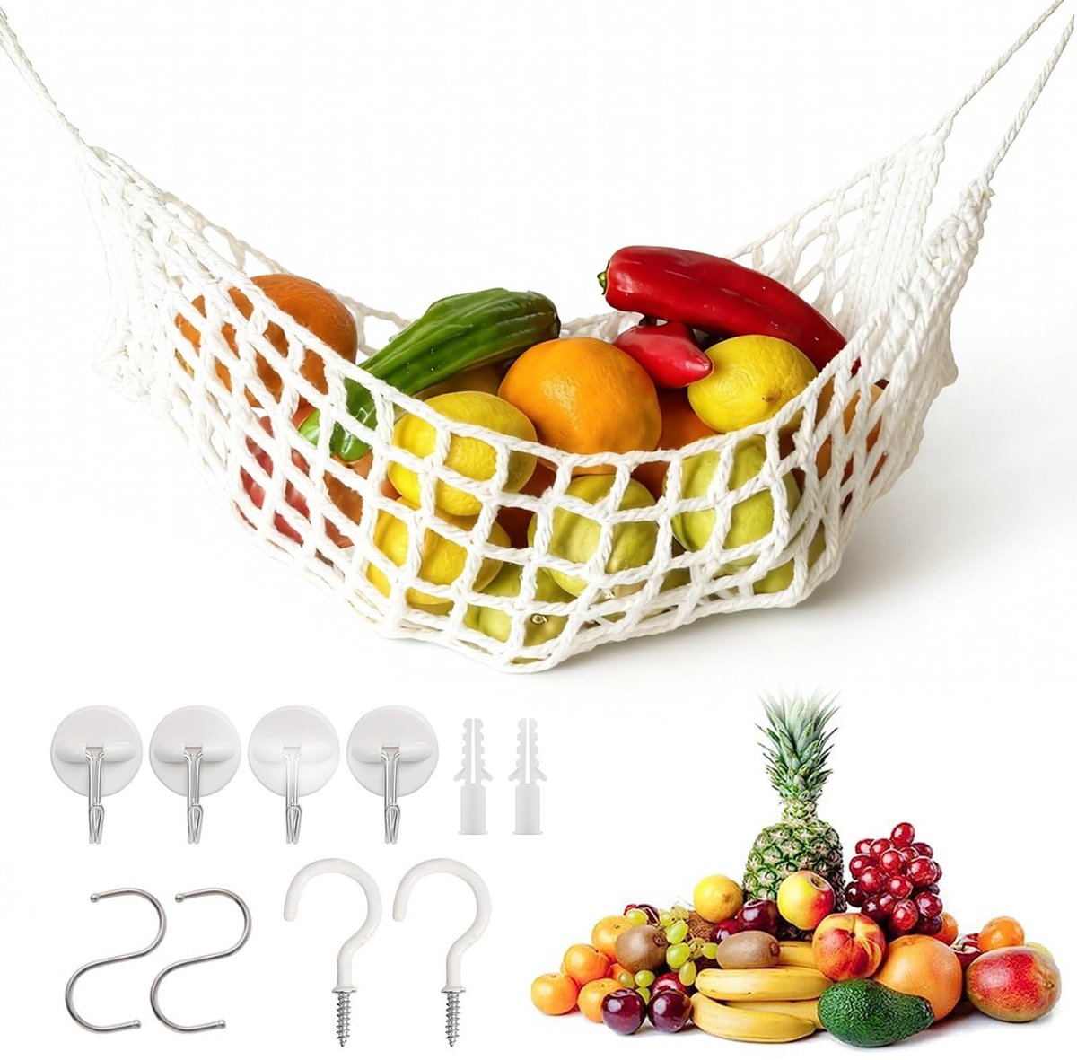 Dailygoods- Hangmat Handgeweven Macramé - Hangmat voor Groenten/Fruit - Ruimtebesparend - 8 Haken - Natuurlijk Katoen - 44 x 32 cm - Fruithangmat