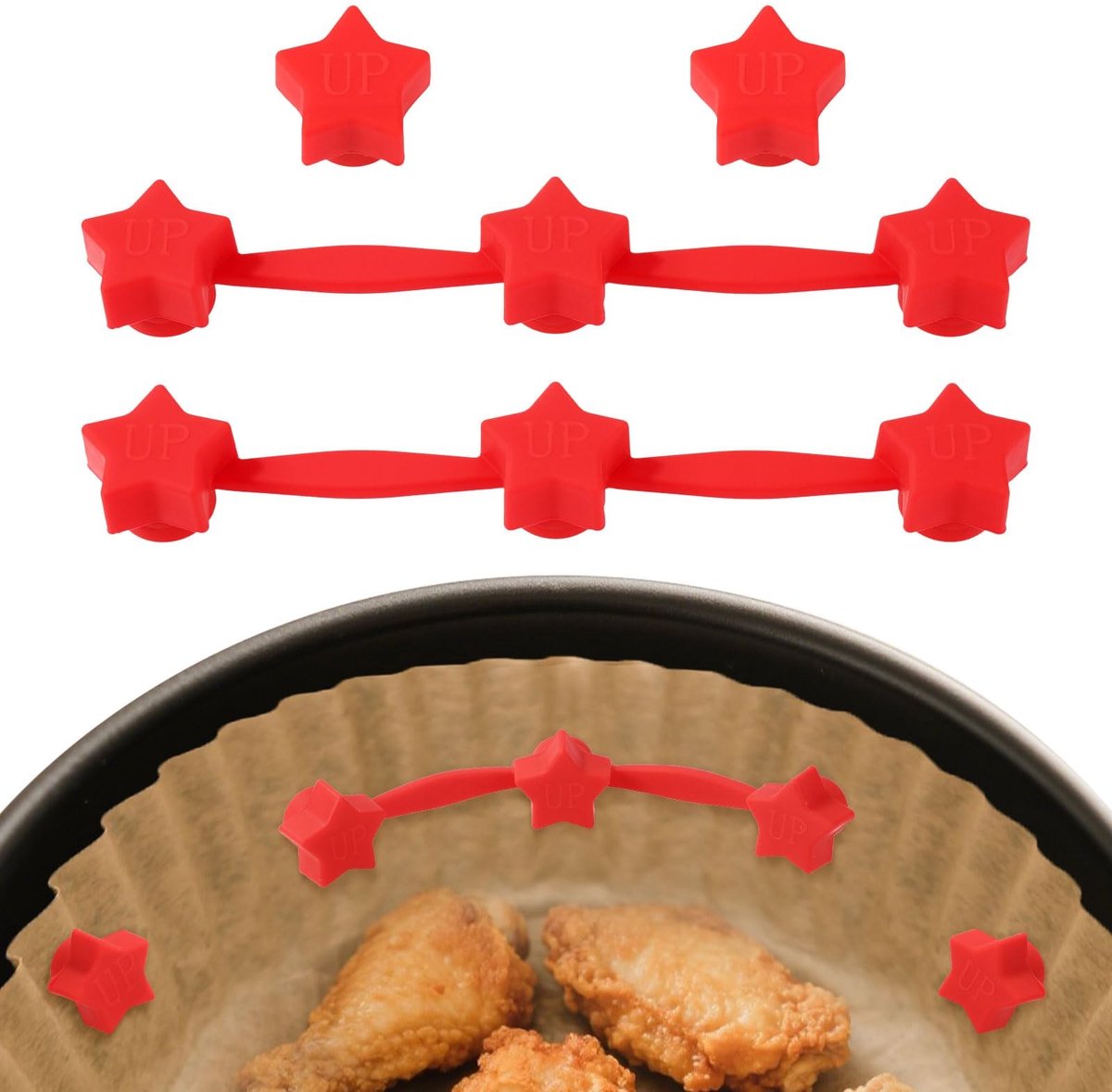 Dailygoods- Siliconenmagneten Set van 4 - Stervormige Lange Siliconenstrips 13x2x1,5 cm - Herbruikbare Siliconen Magneetgespen 2x2x1,5 cm - Universeel voor Bakpapier - Rood - Voor Airfryer - Luchtfriteuse Accessoires