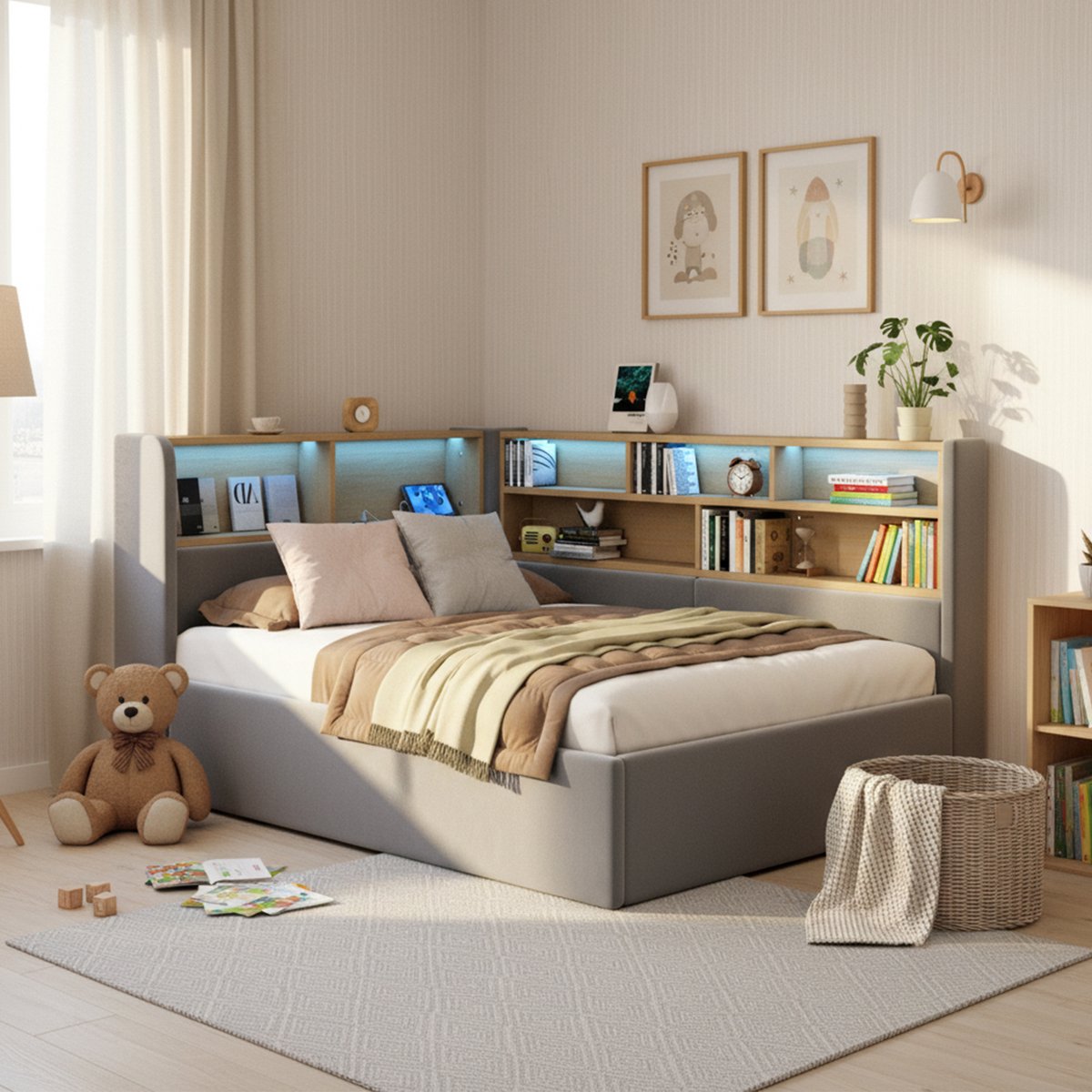 MEUNIQ bedbank 90x200 cm met hydraulische opbergruimte, LED, USB en rugleuning, eenpersoons daybed met lattenbodem voor kinderkamer of slaapkamer, grijs