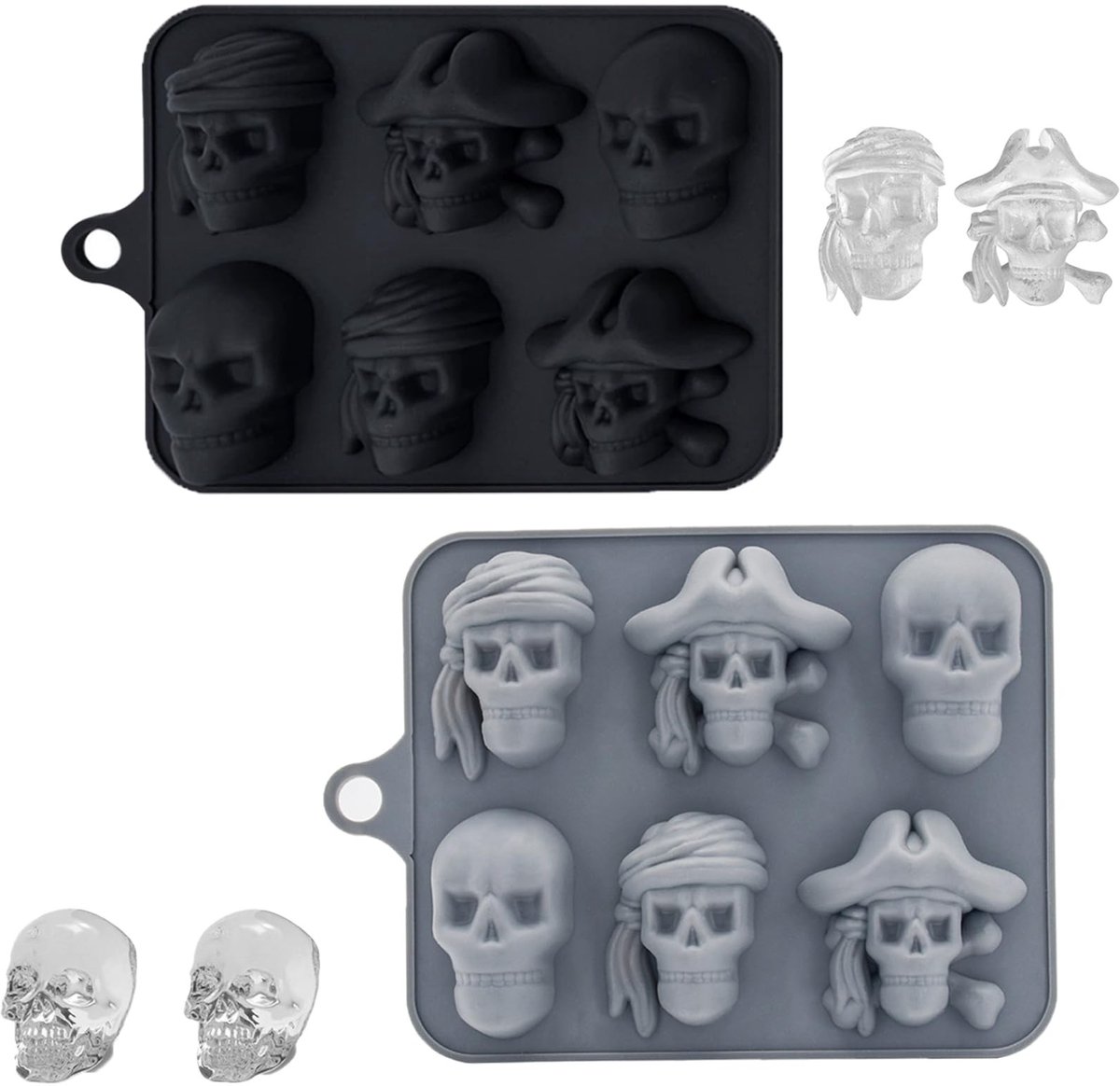 Dailygoods - Vastsea 2 Stuks 3D Doodskopijsblokjes, Halloween doodskopbakvorm, 6 Ijsblokjes, Doodskop, Chocoladevorm voor bakken, Siliconen Ijsblokjesvorm, Doodskop voor Whiskey, Cocktail (zwart)