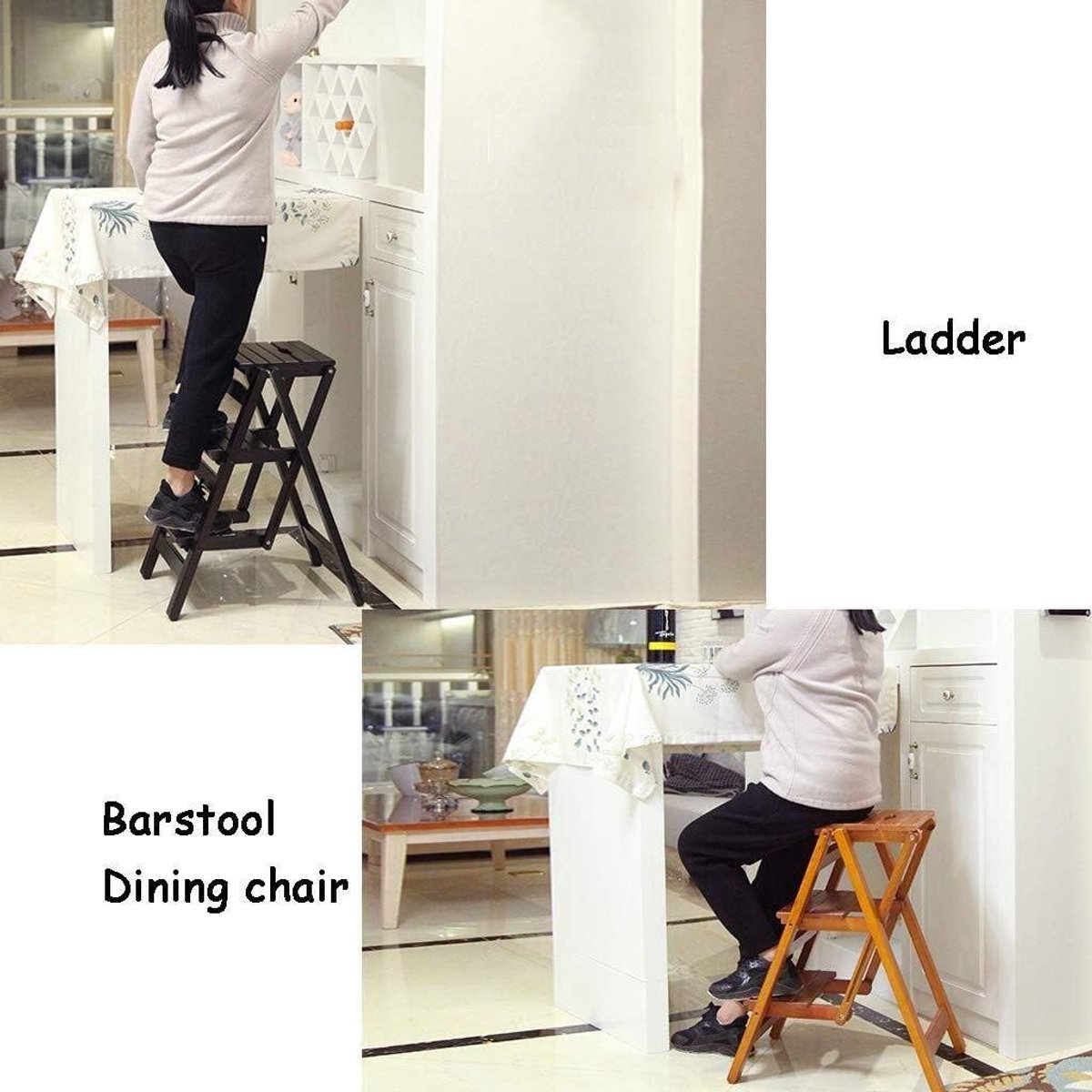 Houten Opstapje - Ladderkruk - Huishoudelijk Gebruik - Robuuste Constructie - 92 cm Hoog - Walnoot