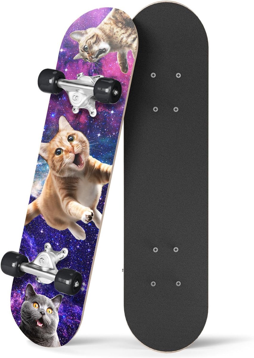 Kinder skateboard - Houten cruiser - Beginnen met skateboarden - Speciaal voor beginners - 24 inch dek - Outerspace Kat