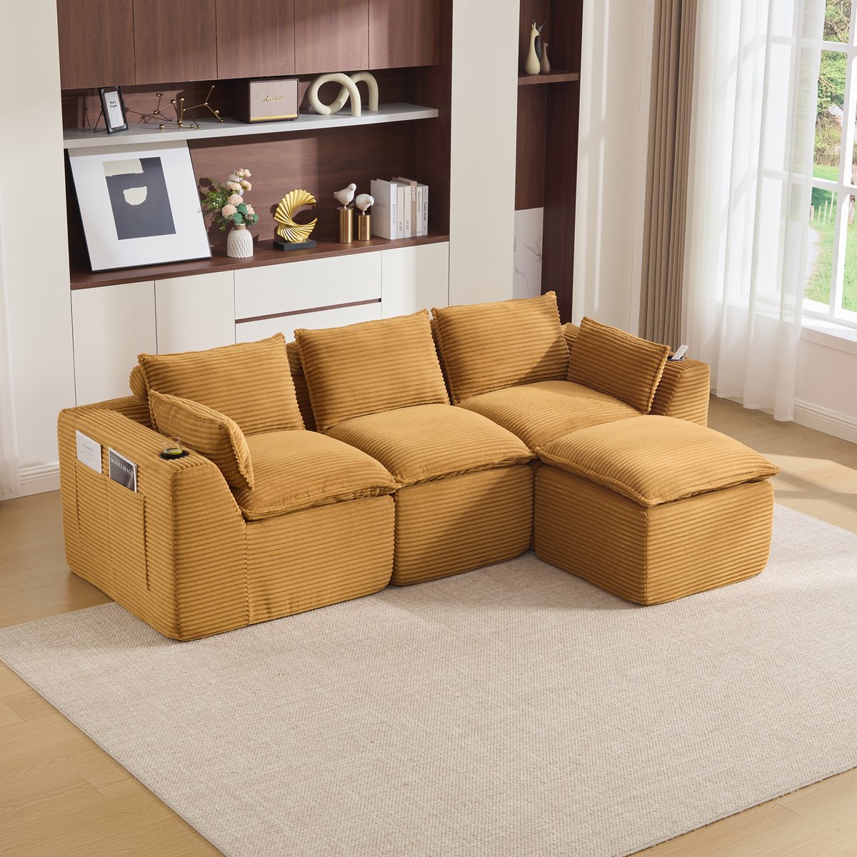 MIVRAY Hoekbank 256 x 161 x 75 Cm - Modulaire 3-Zits Met Hocker, Kussens En Zijvakken - Vo