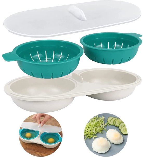 Eierkoker, magnetron, stoomei, dubbele beker, eierschaal, stoompan, hoge capaciteit, 2 kopjes, design, pan met antiaanbaklaag, voor het koken van eieren in de keuken (blauw)