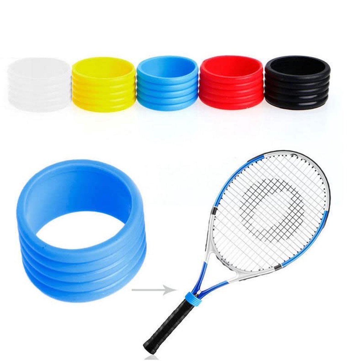 Dailygoods- Siliconen Ring 5 Stuks - Rubber Grip Band - Antislip - Flexibel - Duurzaam - Geschikt voor Tennis/Badminton Racket - Gripband