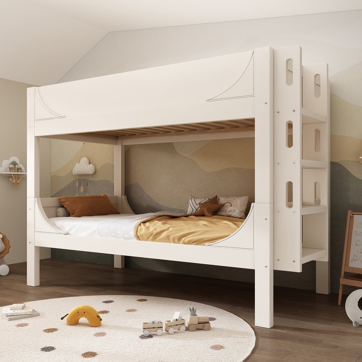MEUNIQ stapelbed 90x200 cm, splitsbaar tot 2 eenpersoonsbedden, ladder monteerbaar aan hoofd- of voeteneinde, wit kinderbed voor kinderkamer