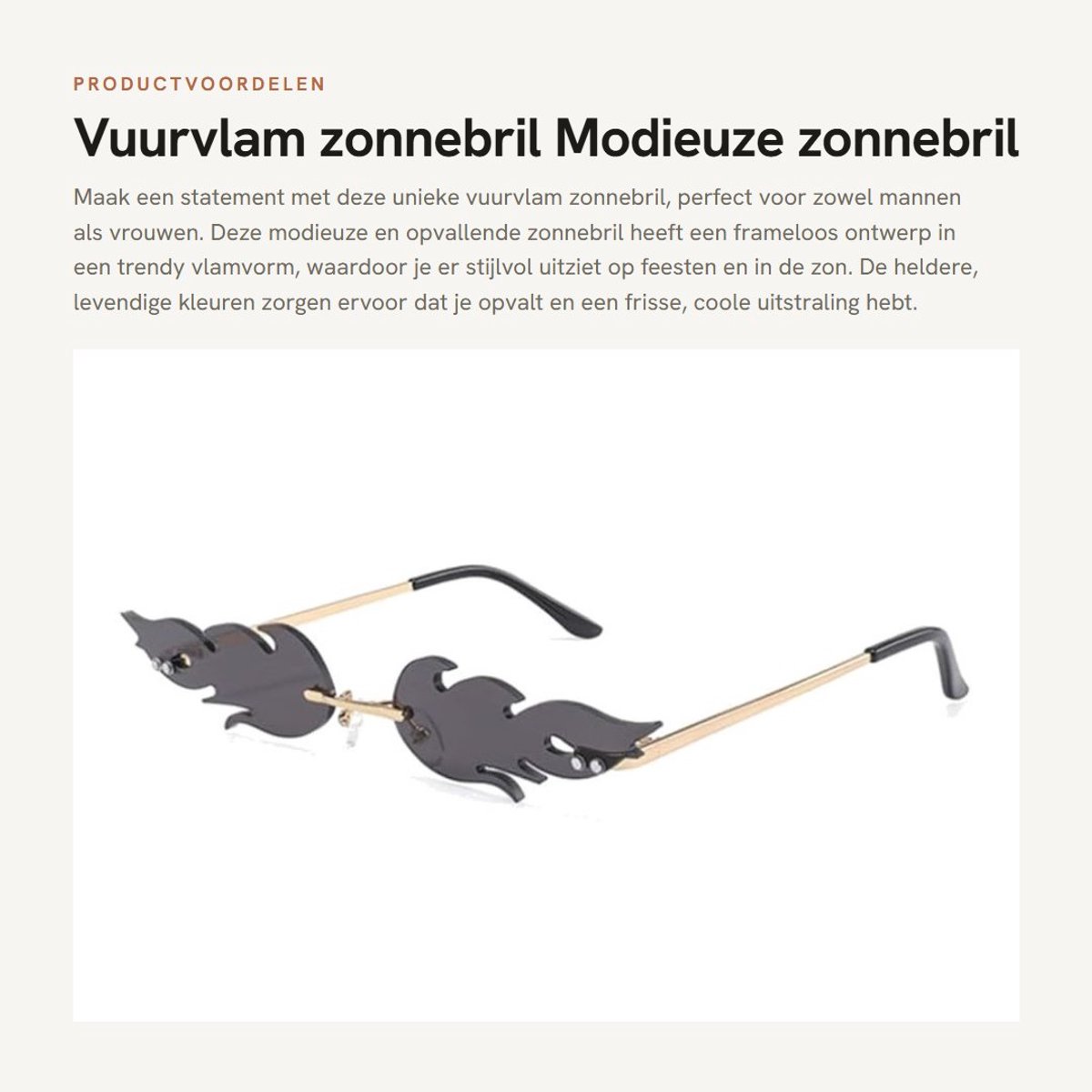 Dailygoods- Zonnebril Vuurvlam Design - Randloze Zonnebril - UV-bescherming - Feestbril - Metalen Zonnebril - 16 x 14 x 2,7 cm - Feestzonnebril