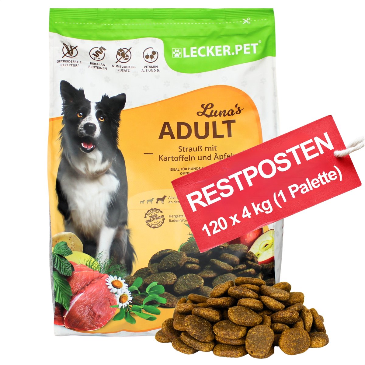 120 x 4 kg (1 pallet) Lecker.Pet® Luna's Adult Ostrich met aardappel en appel hondenvoer, droogvoer, complete voeding. Ten minste houdbaar tot 3/2026