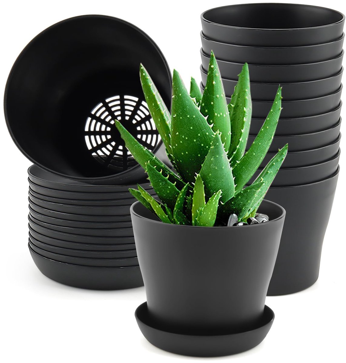 Dailygoods - 12 stuks 10 cm ronde kleine plantenpot, bloempot, plantenbak met schotel, 10 cm zwarte mini plastic tuin bloempotten voor planten, vetplanten, zaadkwekerij