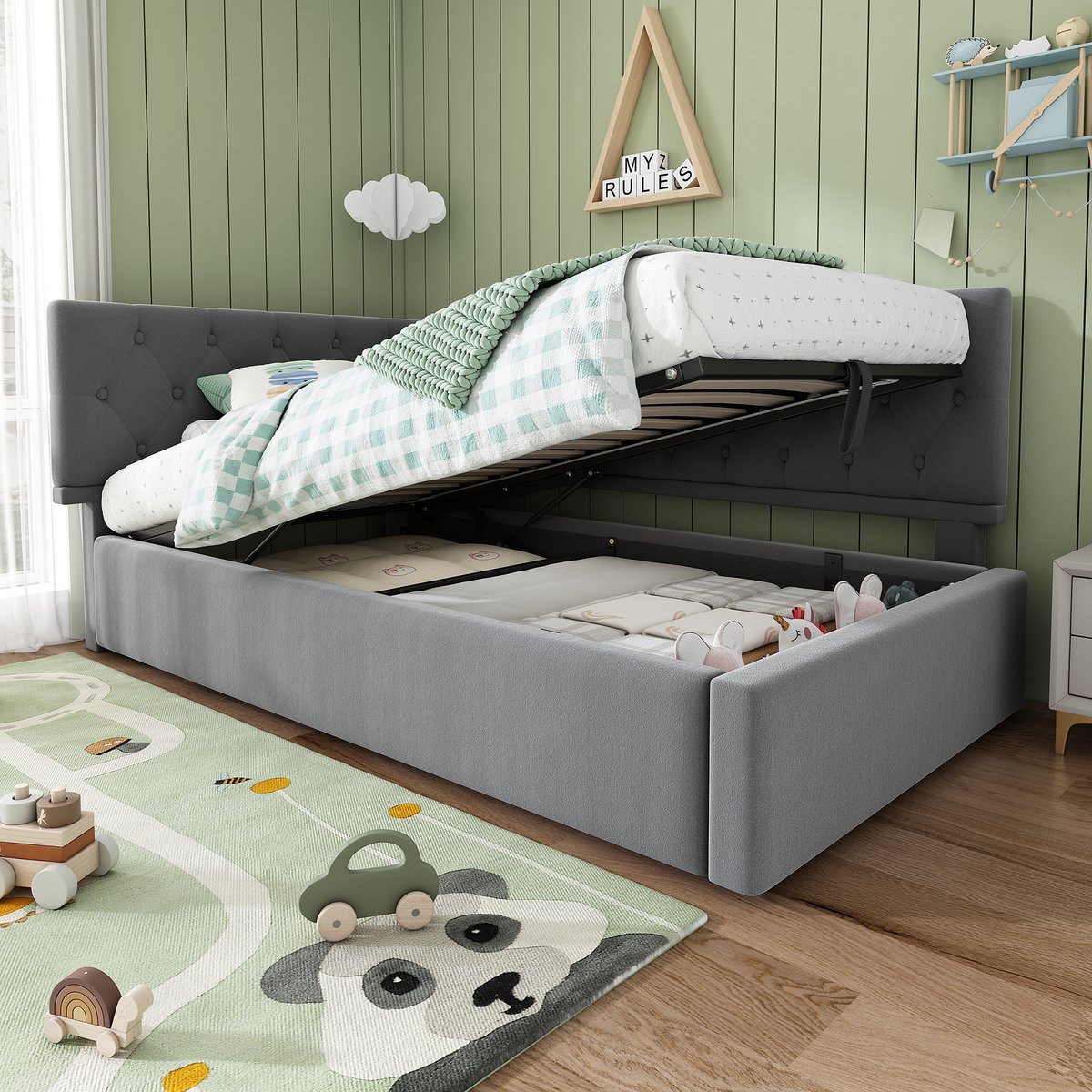 MEUNIQ slaapbank 90x190 cm met hydraulische opbergruimte en lattenbodem, gestoffeerd daybed met links/rechts monteerbaar hoofdbord voor slaapkamer of kinderkamer, grijs