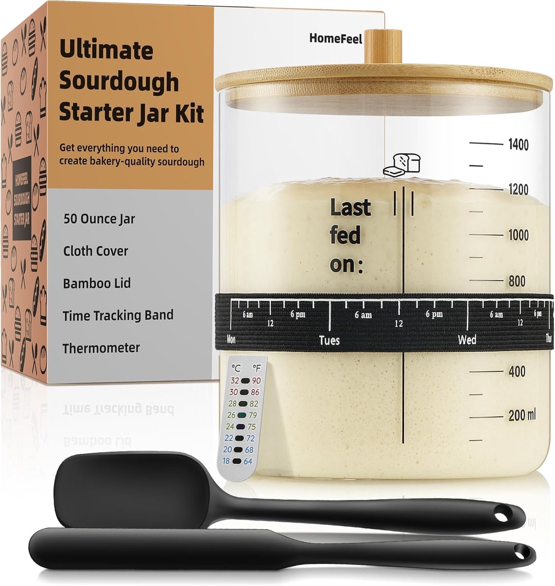 Zuurdesem Starter Pot - Brood Starter Kit - Zelf Brood Bakken - Inclusief Accessoires - 55 oz Capaciteit - Transparant