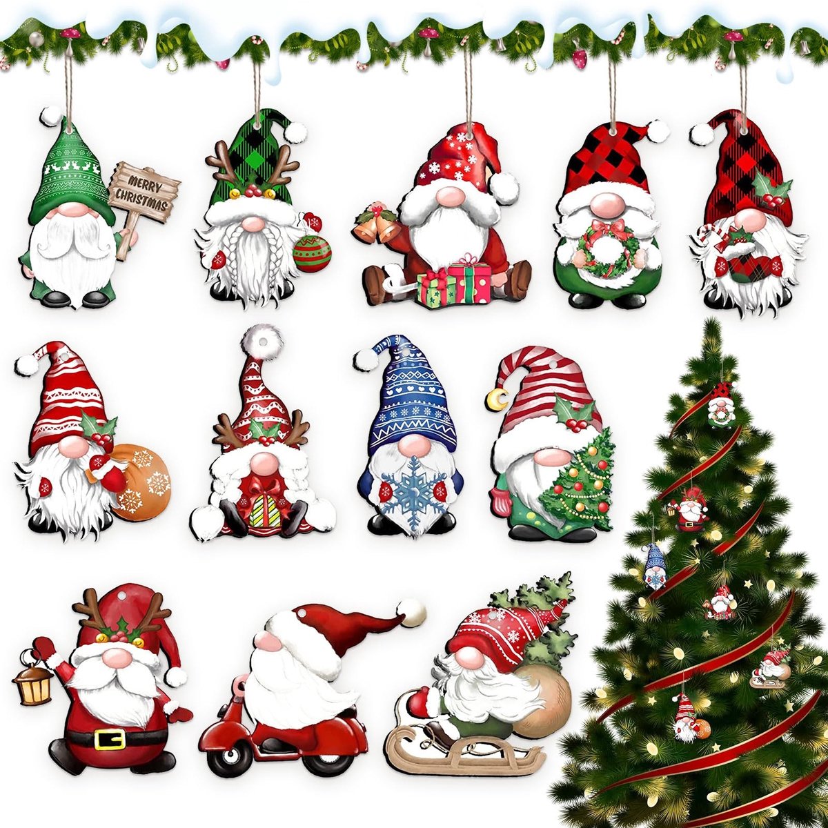 Dailygoods - SPERMUOY Houten kersthangers, 24 stuks, houten kersthangers, kerstdecoratie, hanger, kerstman, decoratie, hanger met koord, kerstkabouter, hout, handwerk voor kerstboomdecoraties