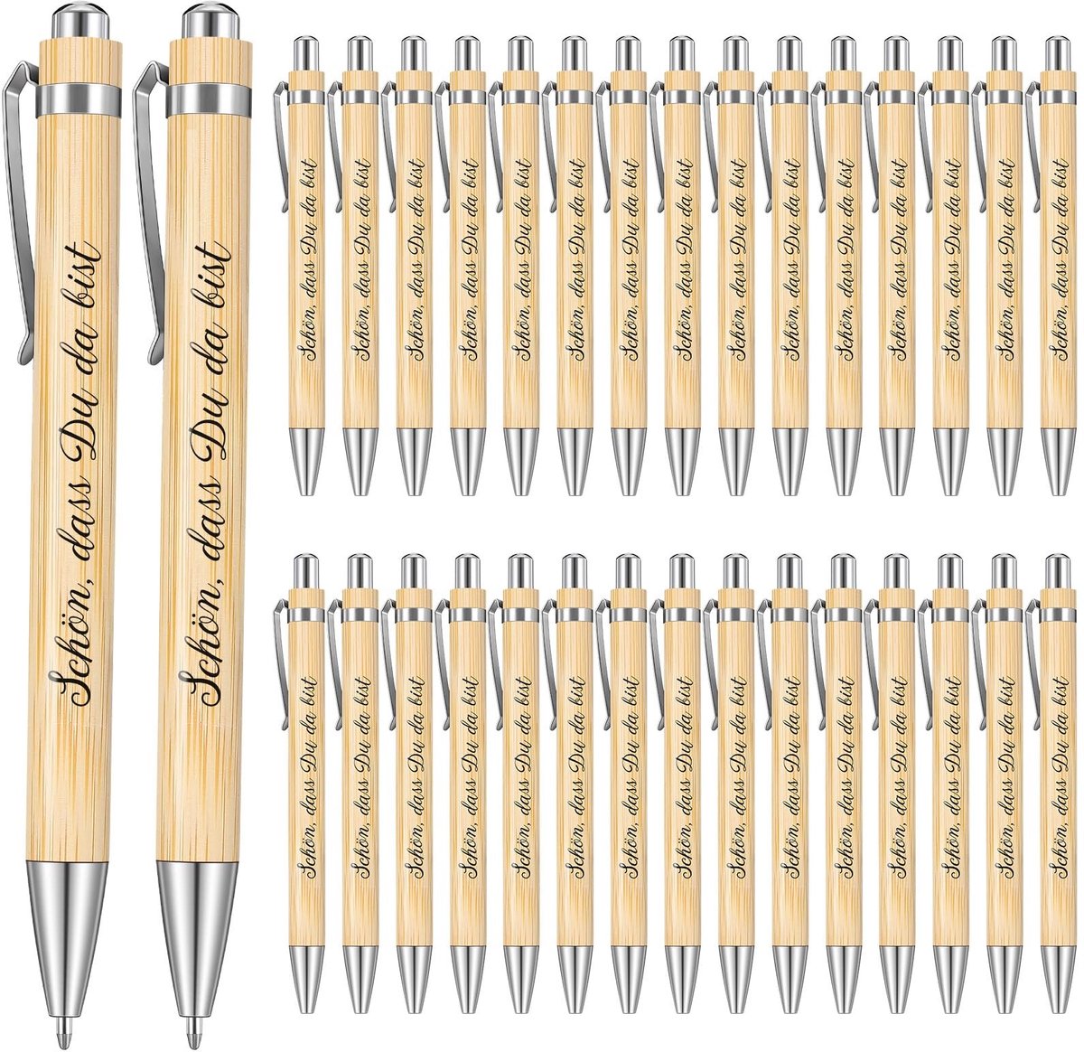 Dailygoods- Houten Balpennen 30 Stuks - Gastgeschenken - Cadeau voor Leraren - Ecologisch - Praktisch - Met Spreuk "Schön, dass Du da bist - Pen