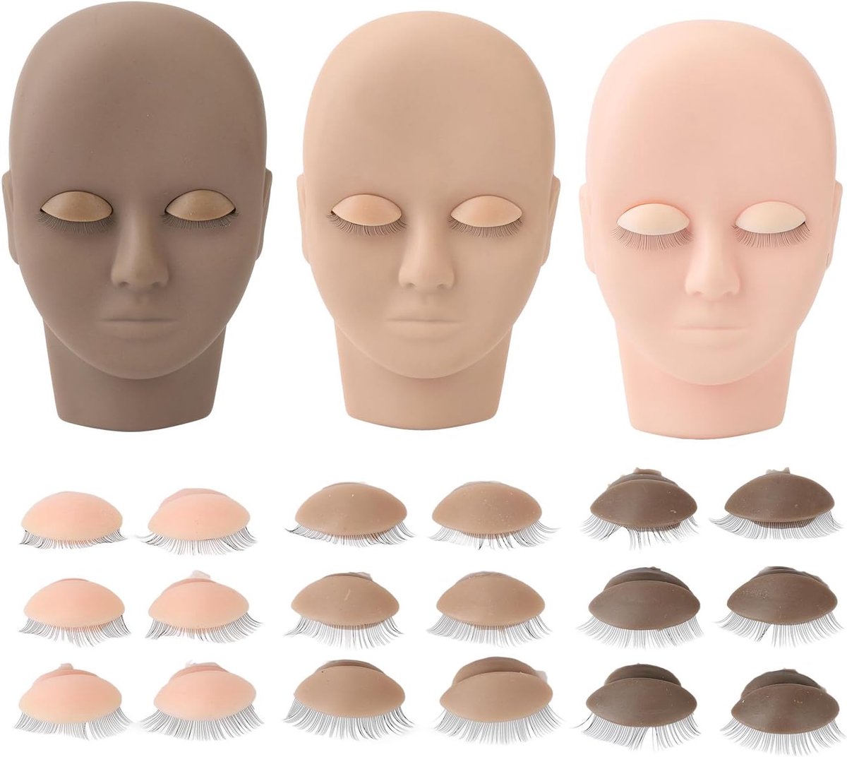 Oefenkit Wimpersextensies - Mannequin Hoofd - Wimper Training - 3 Kleuren Oogleden - 3 Paar - Multicolor
