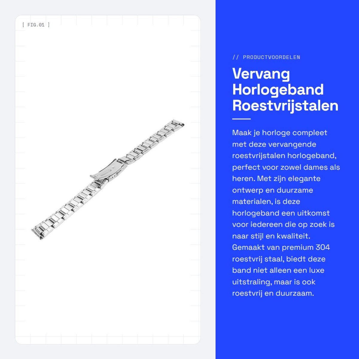 Dailygoods- Horlogeband Roestvrij Staal - Metalen Horlogeband - Inzetsluiting met Dubbele Knop - Universeel voor Mannen/Vrouwen - Verstelbaar en Duurzaam - Horlogearmband