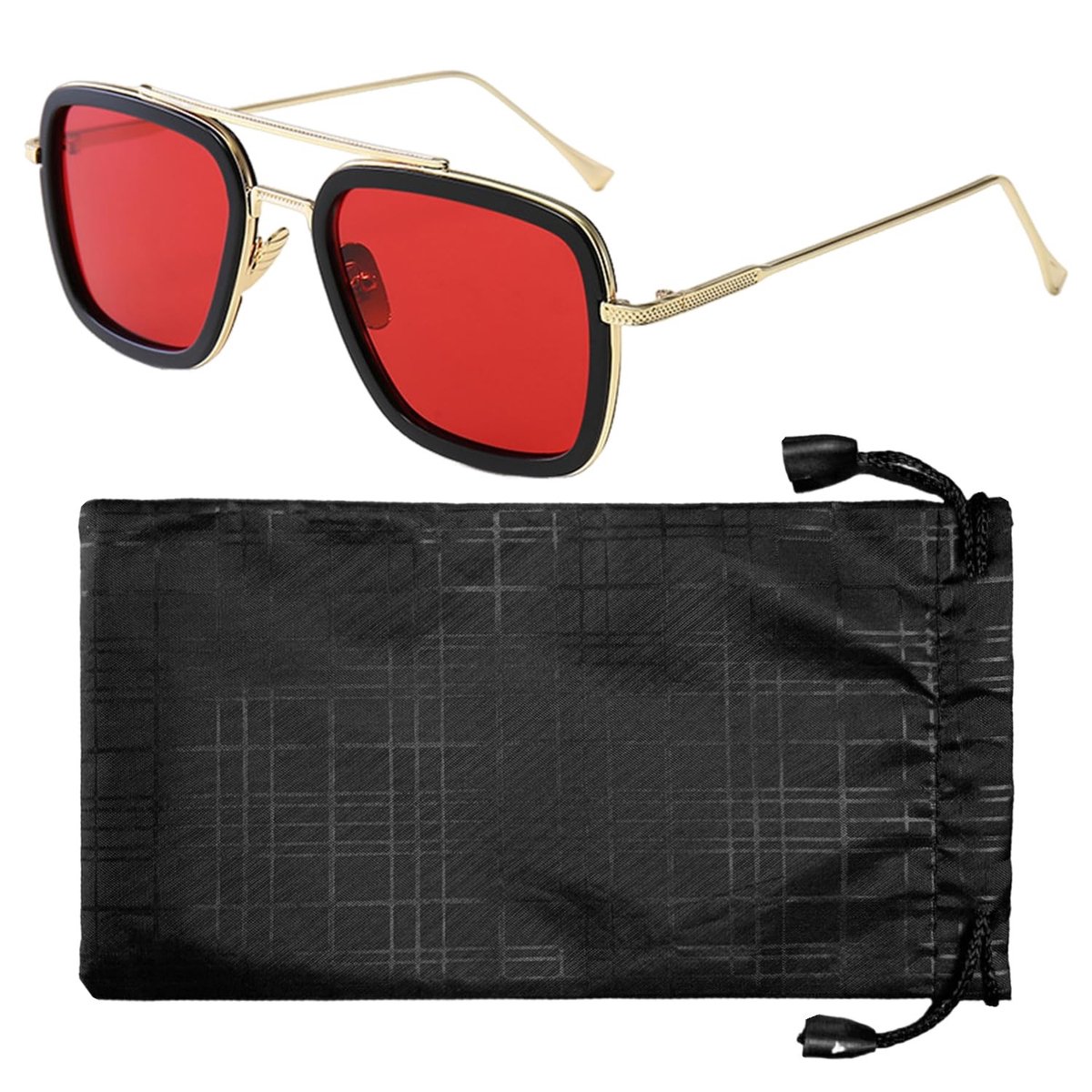 Dailygoods- Zonnebrillen Retro - Rode Zonnebril Metaal - Zwarte Briltas - Stijlvolle Persoonlijkheid - Duurzaam - Geschikt voor Dagelijks Gebruik - Retrobril