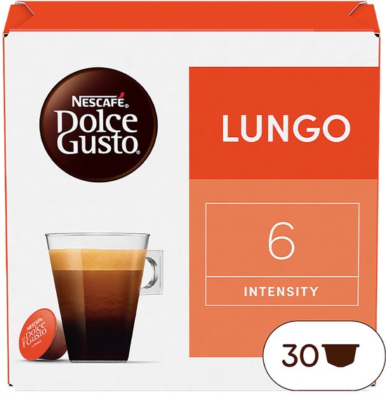 Nescafe Dolce Gusto Lungo koffiedoos met 30 cups. "INTENSITY 6".