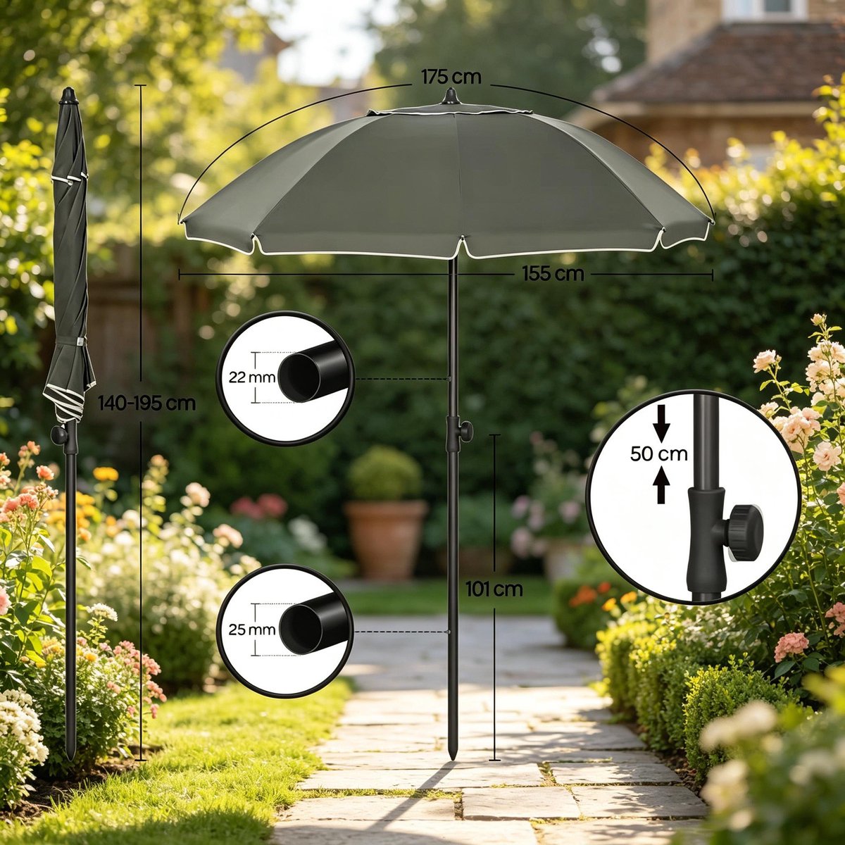 MIVRAY Strandparasol Verstelbaar Met Neigingshoek 155 Cm Aluminium Polyester Grijs Voor Strand Balkon Tuin En Kamperen