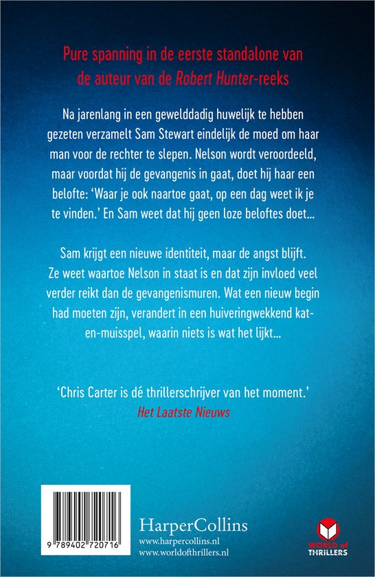 Boekomslag met rode tekst over een dunne man in een pak op een blauwe achtergrond.