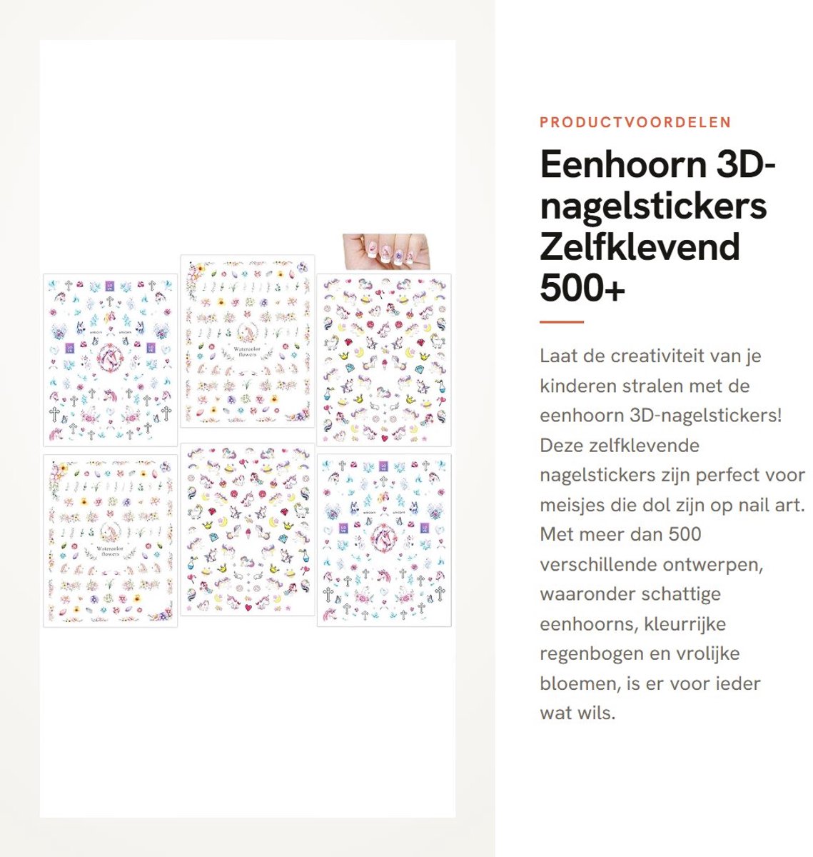 Dailygoods- Nagelstickers 3D - Zelfklevend - 500+ Designs - Eenhoorn/Bloemen - Nagelkunst voor Kinderen - Afmetingen 10 x 8 cm - Geschikt voor Cadeautjes - Nail Art Stickers