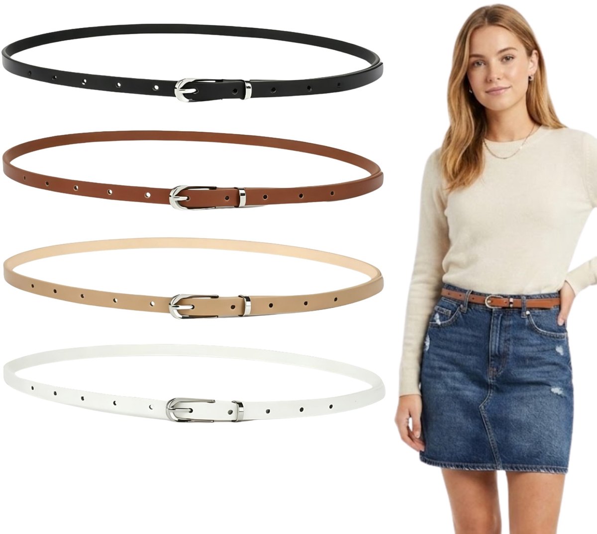 Dailygoods- Riem Verstelbaar - Smalle Riemen Set - Dames Riemen - Klassieke Riem - Zilveren Gesp - Vierdelige Set - Ceintuur