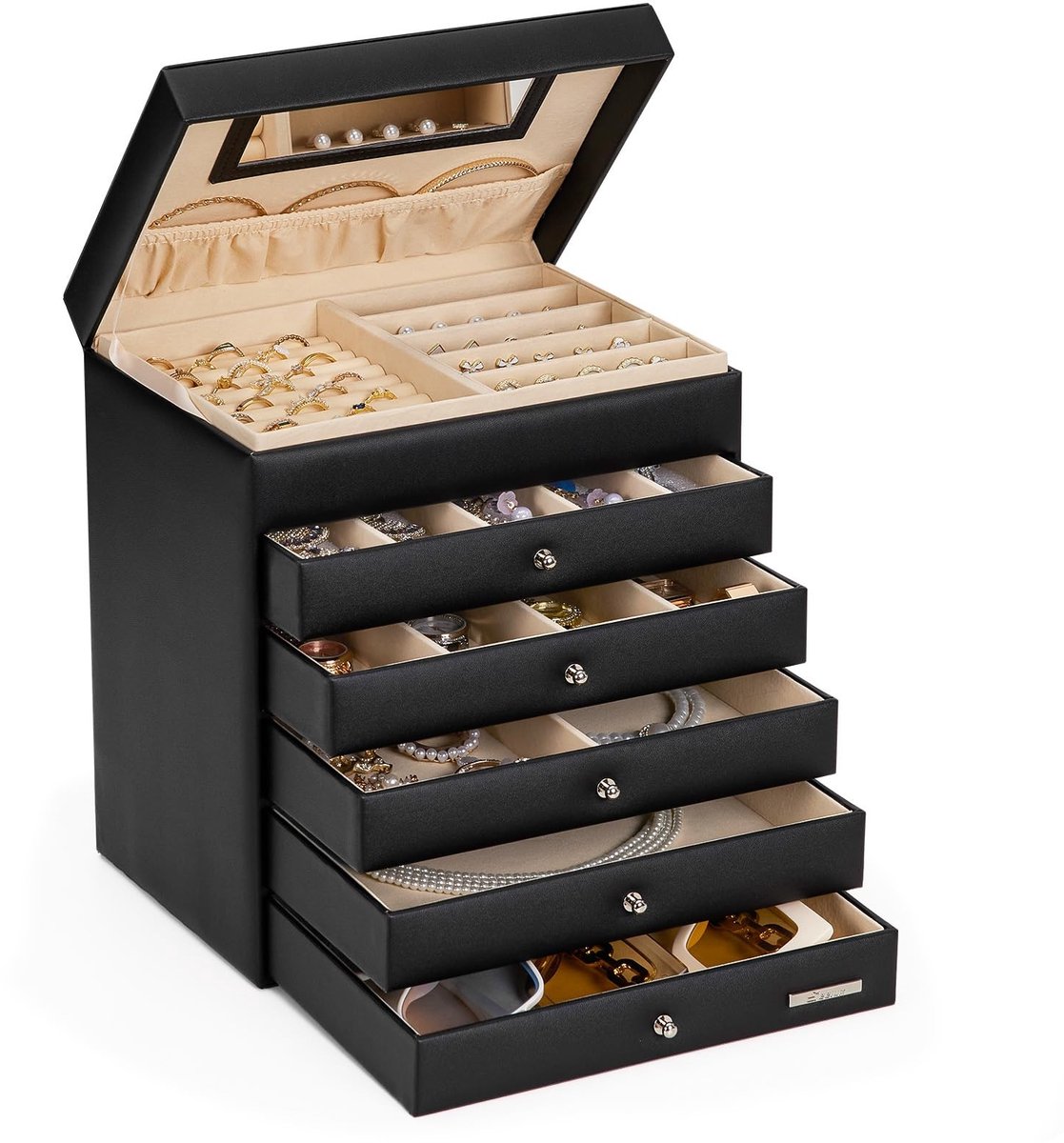 Dailygoods- Sieradendoos met Spiegel - Sieradenkoffer - 5 Lades - Opbergruimte - Organisatie - Schuifladen voor Sieraden