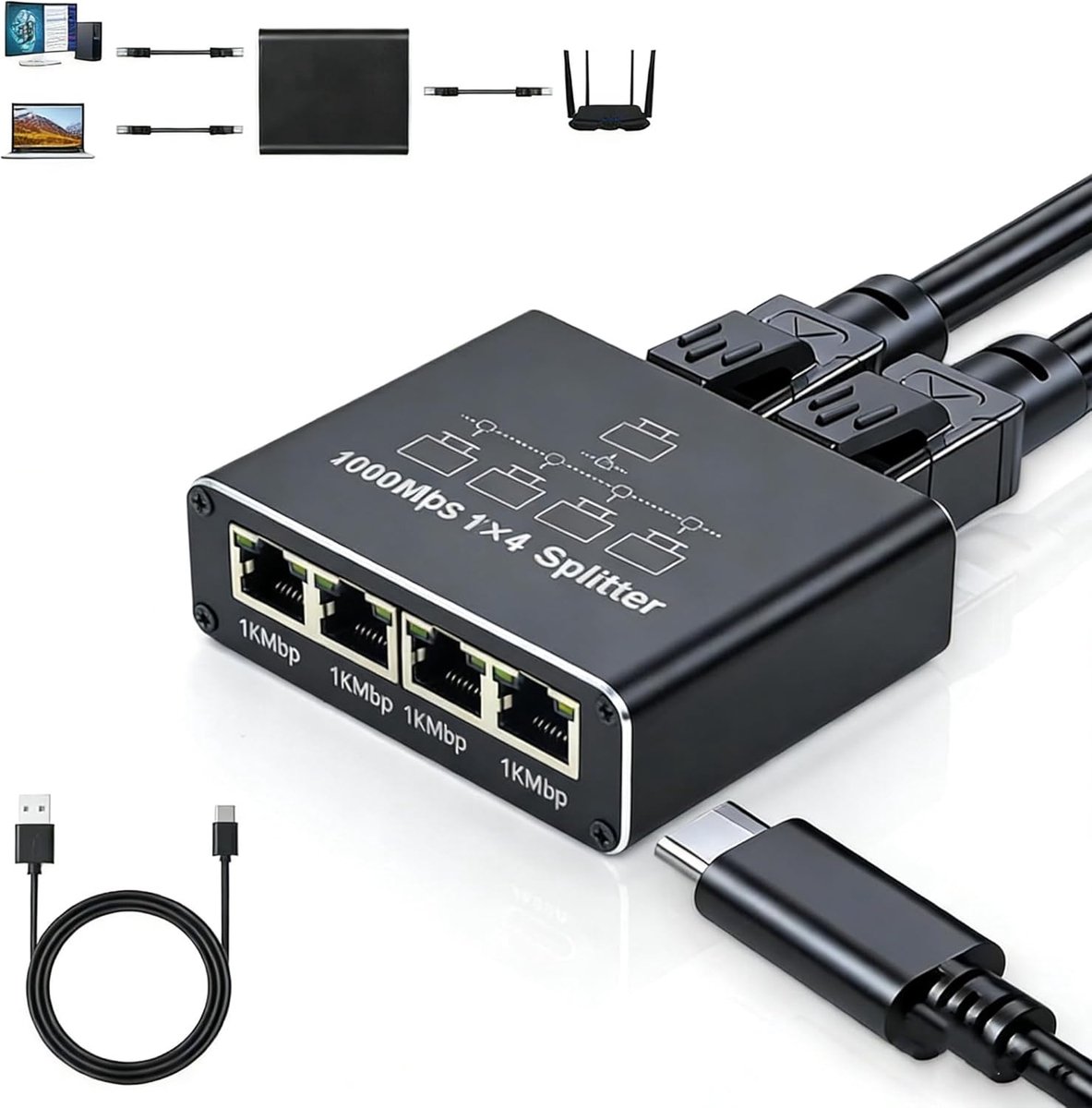 Netwerk Splitter - Ethernet Hub - Internet Delen - Aluminium Behuizing - 4 Poorten - Grijs