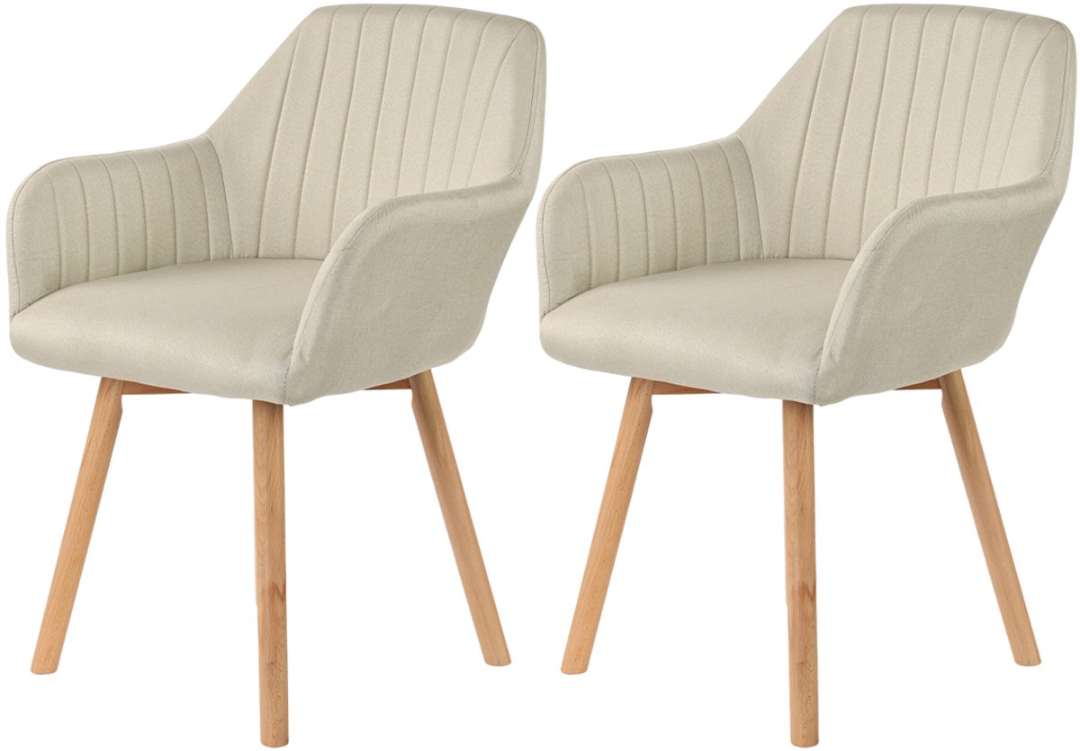xDays Eetkamerstoelen Set van 2 - Beige - Stoelen met Armleuning - Linnen Bekleding - Massief Beukenhouten Poten - Ergonomisch - 120 kg Draagvermogen