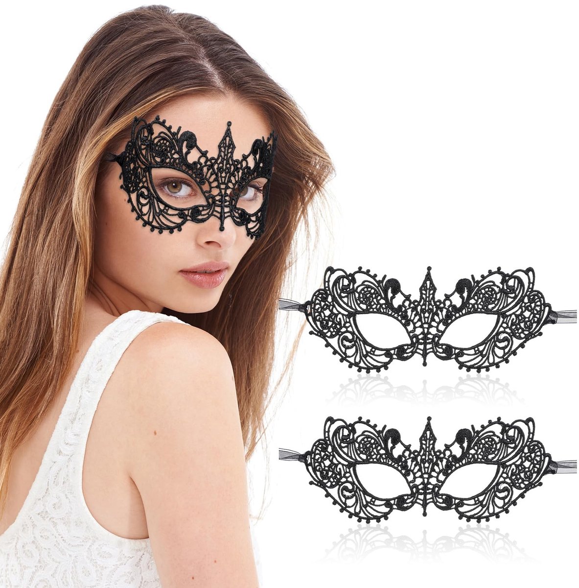 Dailygoods- Kantmasker 2 Stuks - Venetiaanse Maskers - Oogmasker - Maskerade - Halloween/Carnaval - Polyester 22,5 x 10,5 cm - Masker