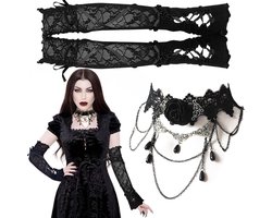 Dailygoods - Lange Kant Handschoenen, Kant Handschoenen Zwart en Gothic Tattoo Chokers Roos Prom Opera Wanten Handschoenen voor Vrouwen en Meisjes Vingerloos Elleboog Lengte Vintage Mesh Handschoenen Lolita