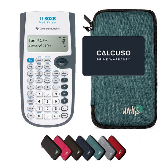 Grijze Texas Instruments TI-30XB MultiView rekenmachine en turquoise WYNGS etui met productinformatie.