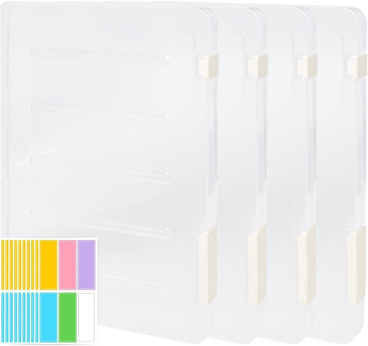 Set van 4 A4 Opbergdozen met Labelstickers, Transparante Plastic Archiefdozen voor Documenten, Tijdschriften en Verzamelalbums (30.5 x 22.3 x 2.3 cm)