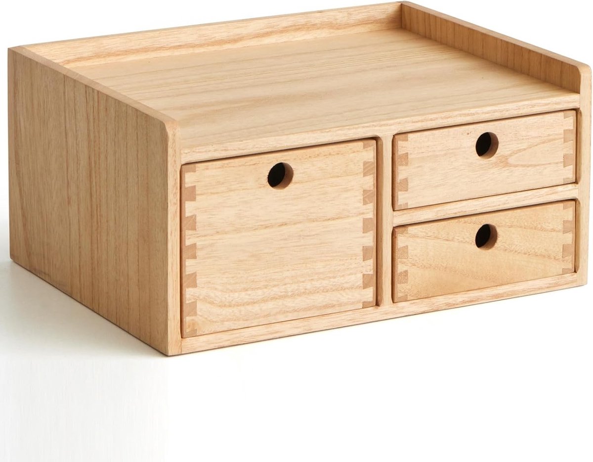 Houten Ladebox met 3 Lades, Natuurlijke Afwerking voor Organisatie en Opslag
