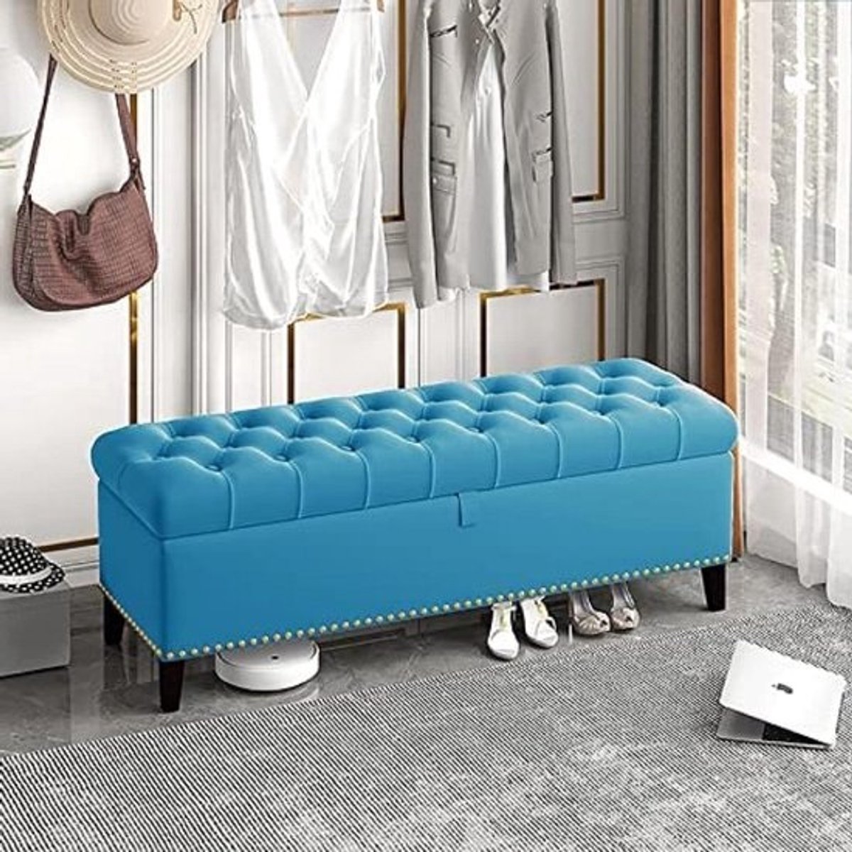 Opbergbank - Ottomaanse Bank Poef - Woonkamer Organiseren - Geknoopt Gestoffeerd - 120x40x45cm - Blauw