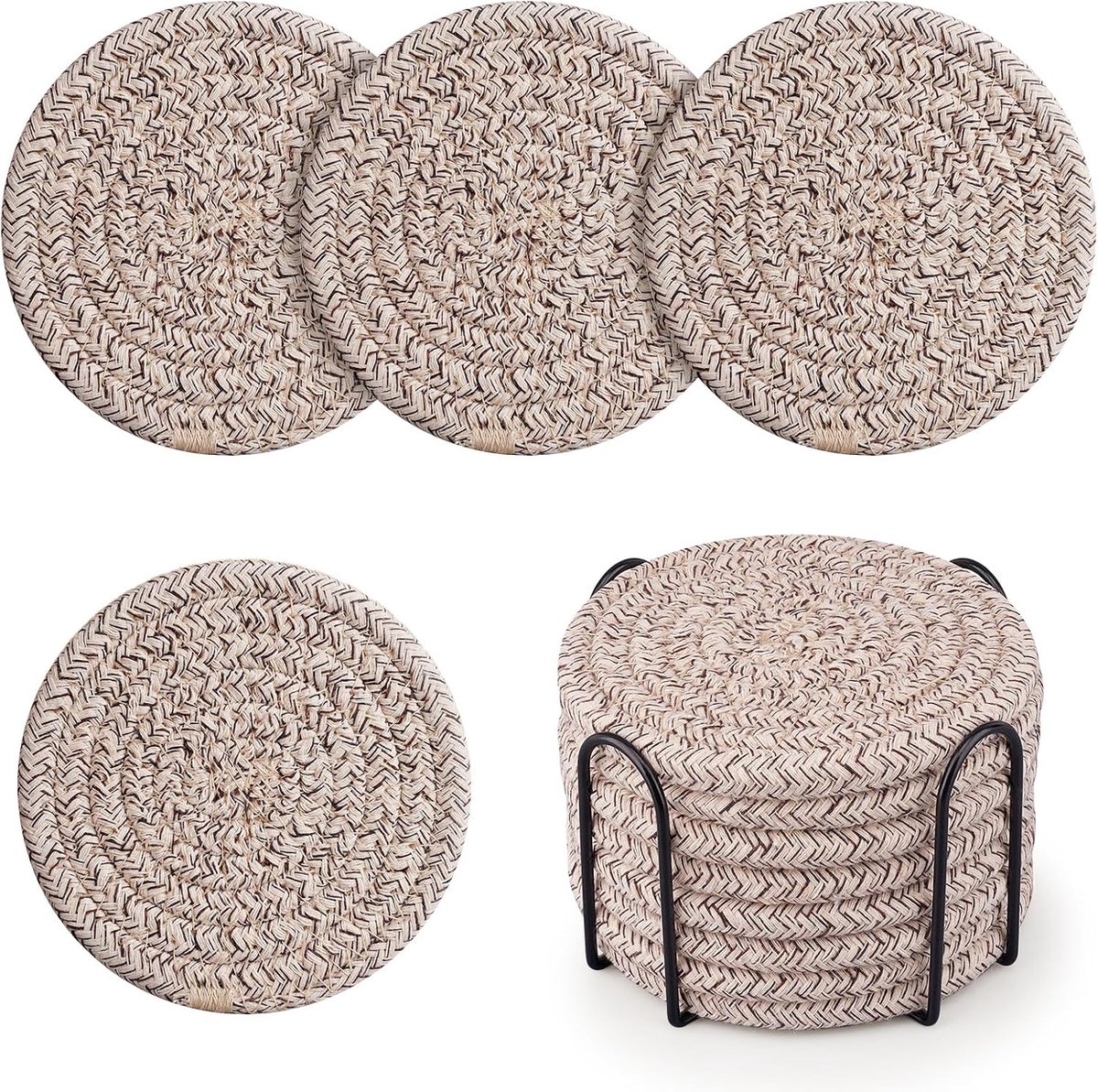 Onderzetters met Houder - Katoenen Geweven Onderzetters - Absorberend - 11 cm - Voor Tafelbescherming - 8 stuks - Het Oppervlak is Getextureerd