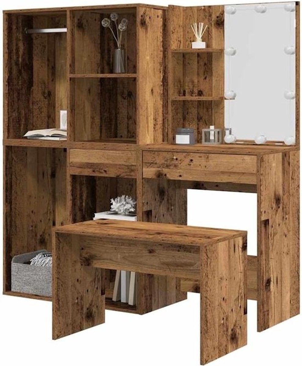 Make-uptafel met LED - Kaptafel met spiegel - Cosmetica organiseren - Verstelbare lichtkleuren - Meerlaags ontwerp - Antiek hout