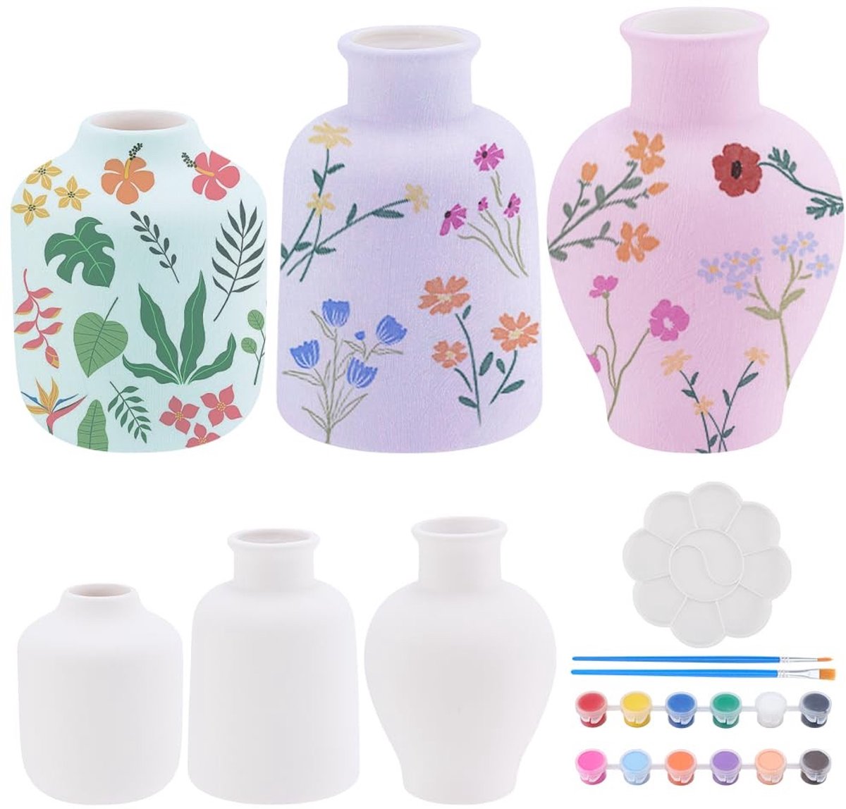 DIY keramische schilderset - 3 ongeschilderde vazen en verf