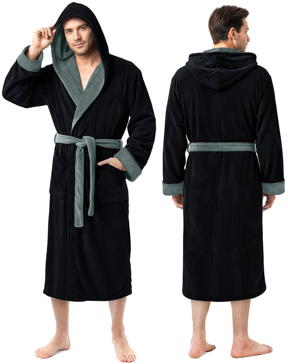 Fleece Badjas met Kap - Zwart met Grijs Contrast