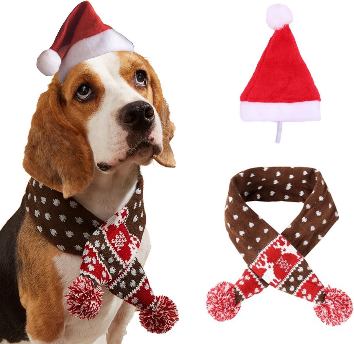 Feestelijk Dierenkostuum Set - 2-delige Geweven Sjaal & Kerstmuts in Rood/Wit, Zacht Winteroutfit voor Honden en Katten, Perfect voor Foto's en Feestdagen