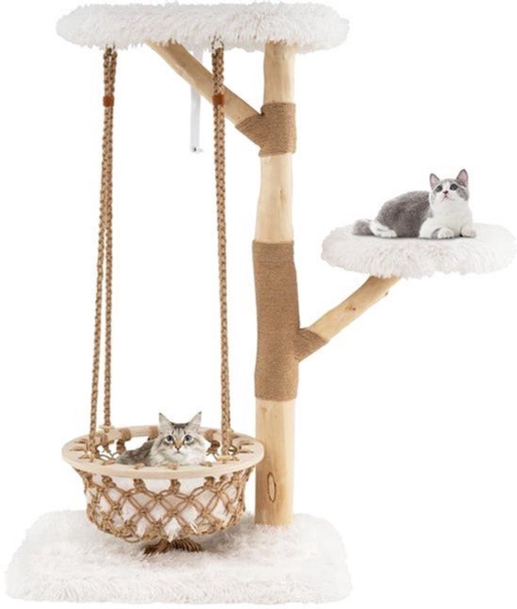 Kattenboom – Krabpaal – Klimmeubel – Speelboom – Kattenmeubel – Natuurlijke Perenhout Takken – Comfortabele Hangmat Met Kussen – Extra Stabiel Met Anti-Kantel Mechanisme