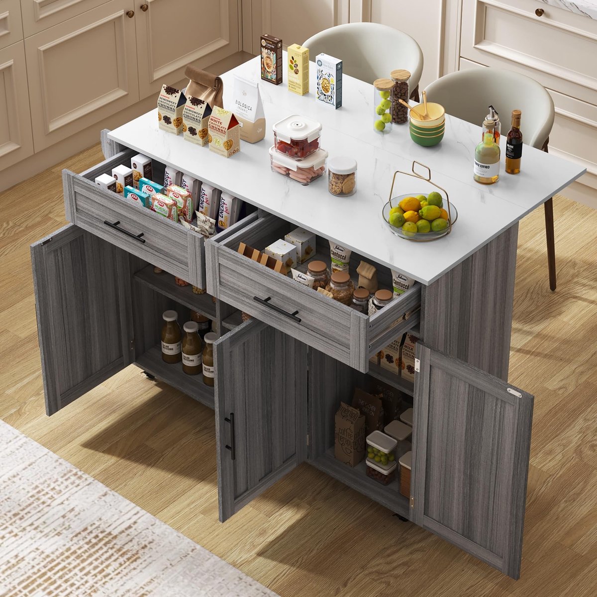 Keuken Eiland met Vouwblad en Opbergruimte - Wit